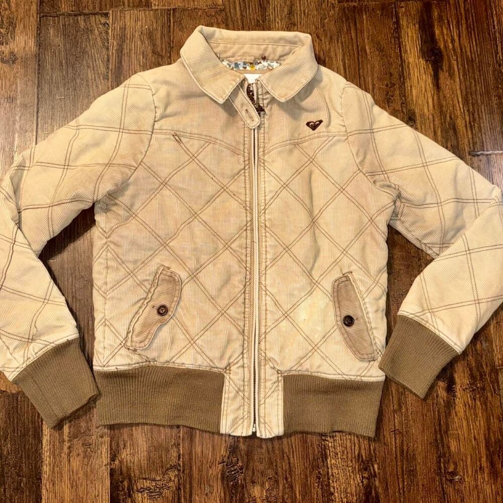 Y2K Roxy Beige Corduroy Bomber Jacket Size L